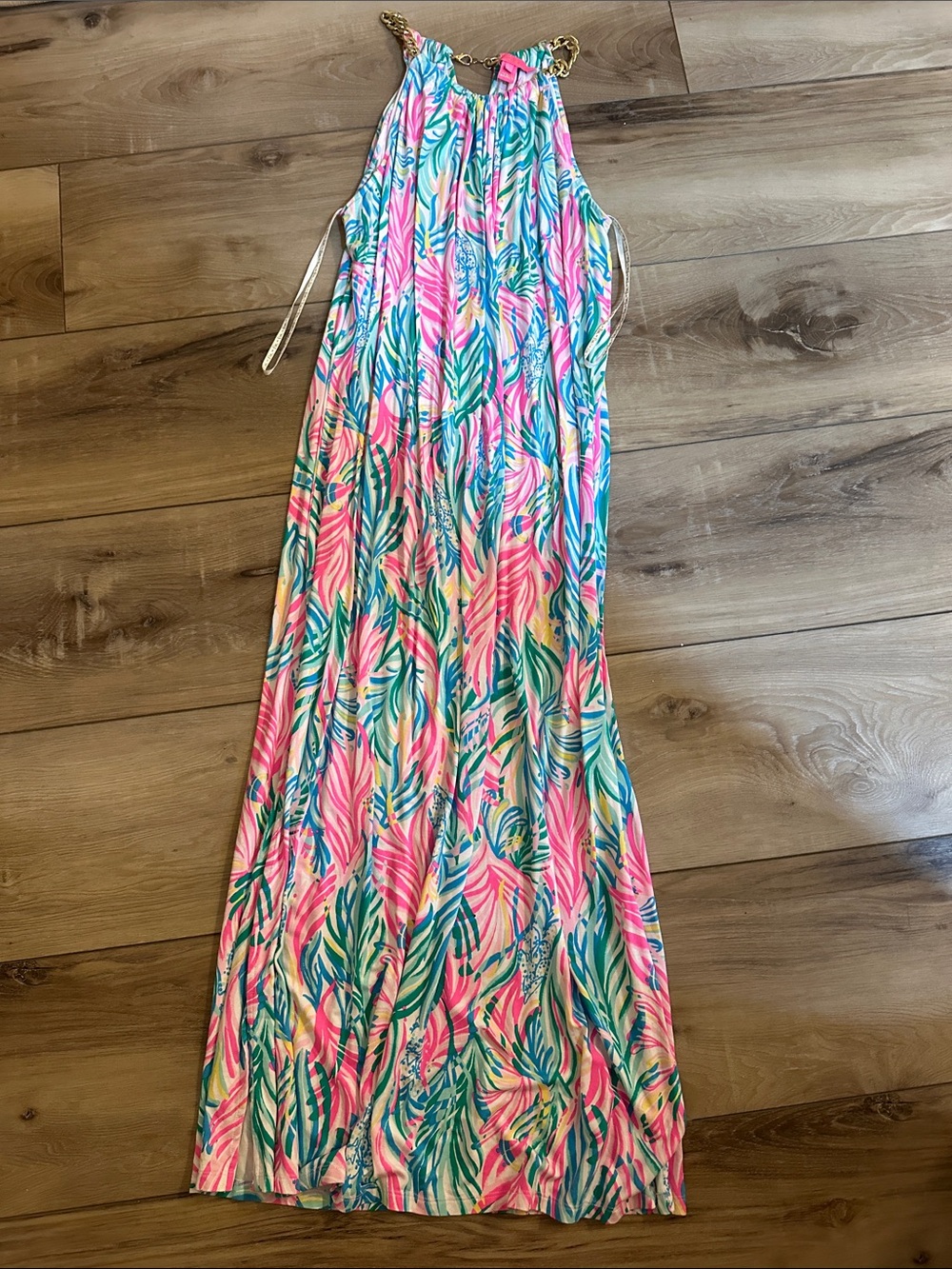Tropical Print Maxi Dress in Pink & Teal